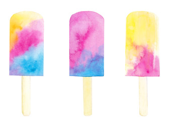 Watercolor hand drawn set with colorful fruit ice cream on stick isolated on white background