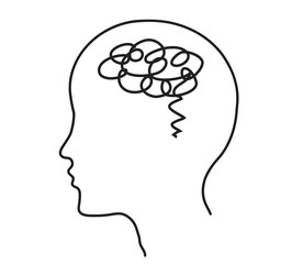 Brain and head silhouette on a white background. Thoughts are confused. Vector illustration. 