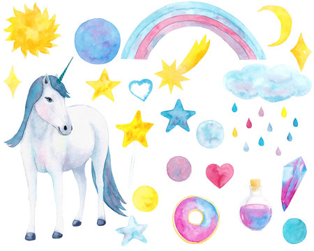 Watercolor hand drawn set with unicorn and fairy tale elemens isolated on white background