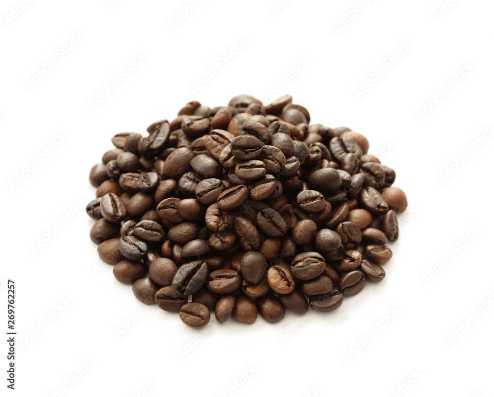Poster Coffee  beans isolated on white background with copyspace for text. Coffee background or texture concept.
