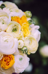 wedding bouquet with white carnations and ranunculi. delicate bouquet in yellow and white. eucalyptus leaves.