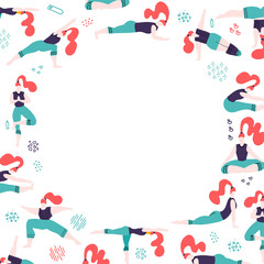 Round frame with hand drawn color doodle women in yoga poses. White dree space for text. Female People doing activities and sports flat vector illustration. Yoga girl in fitness position.