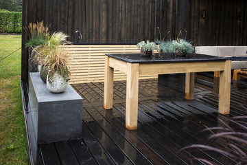 Table with plants on the veranda in the garden - obrazy, fototapety, plakaty