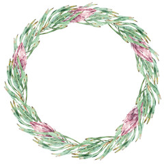 Round pink protea and green leaves frame. Watercolor exotic floral illustration.