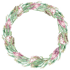 Round pink protea and green leaves frame. Watercolor exotic floral illustration.