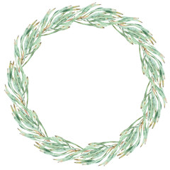 Watercolor green wreath made of protea leaves. A round frame isolated on white background.