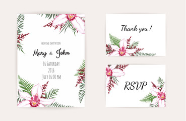 Botanical wedding invitation card template design, white and pink flowers on white background.