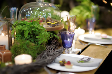 Table set for an event party or wedding reception in rustic or scandinavian style decorated moss and fern. Fashionable table set.