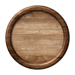 Round wooden signpost or plate made of natural wood and with dark frame