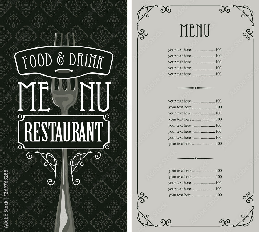 Poster template vector menu for restaurant with price list and realistic fork in figured frame with curlicu