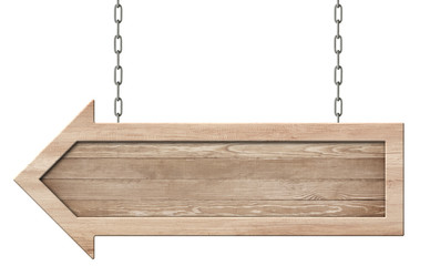 Wooden arrow signpost made of natural wood and with bright frame hanging on chains