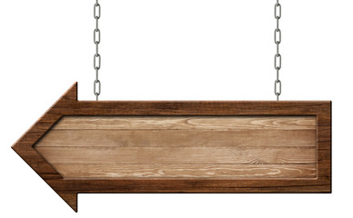 Wooden arrow signpost made of natural wood and with dark frame hanging on chains