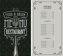 Template vector menu for restaurant with price list and realistic fork in figured frame with curlicues in baroque style with seamless background pattern