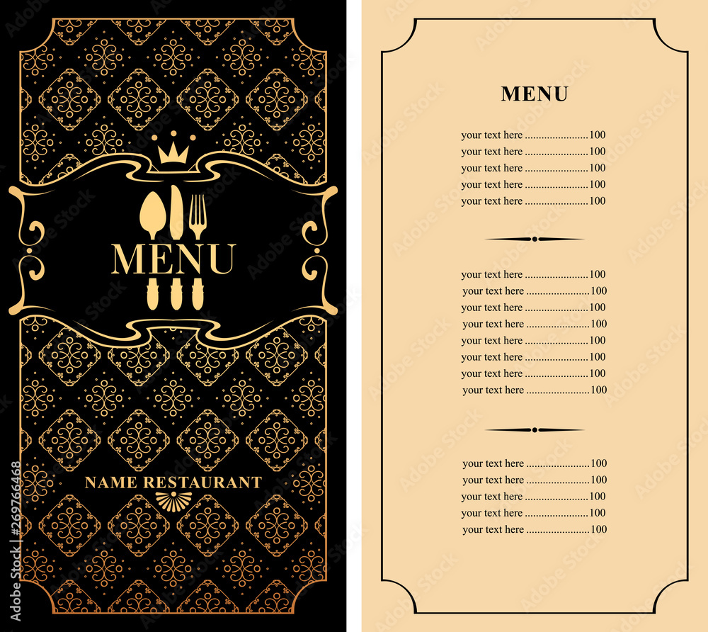 Poster template vector menu for restaurant with price list and flatware in figured frame with curlicues in 