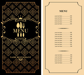 Template vector menu for restaurant with price list and flatware in figured frame with curlicues in baroque style on ornate background with decorative gold pattern