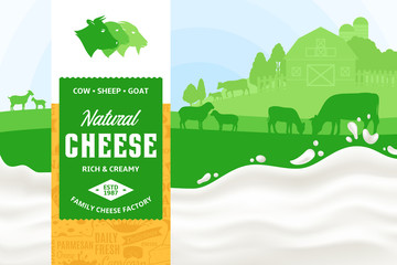 Cheese illustration with cow, sheep, goat and milk splashes