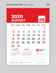 AUGUST 2020 year template, Desk Calendar for 2020 year, week start on sunday, planner, stationery, red Concept, vertical layout vector, business printing design
