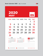 May 2020 year template, Desk Calendar for 2020 year, week start on sunday, planner, stationery, red Concept, vertical layout vector, business printing design