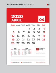 APRIL 2020 year template, Desk Calendar for 2020 year, week start on sunday, planner, stationery, red Concept, vertical layout vector, business printing design