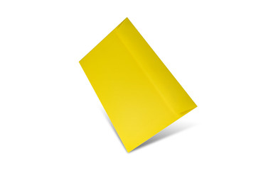 Yellow envelope on a white background with copy space. Flat lay mockup for valentines day, womans day, wedding or birthday