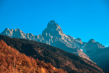 Mount Ushba, one of the most notable peaks of Caucasus Mountains, Svaneti, Georgia.