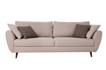 Modern grey fabric sofa with pillows isolated on white background. Strict style furniture