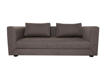 Modern grey fabric sofa with pillows isolated on white background. Strict style furniture