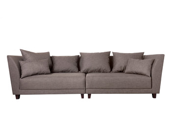 Modern grey fabric sofa with pillows isolated on white background. Strict style furniture