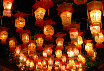 Chinese lanterns in Chengdu at the Wuhou Temple Lantern Festival in Chengdu, China. The red and gold lanterns are for Chinese New Year. Red lanterns.
