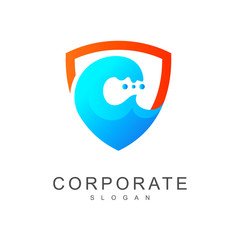 shield logo, the wave logo on the beach + security logo on the beach with a shield symbol