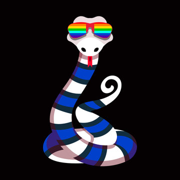 Isolatd illustration with albino snake in rainbow color glasses.
