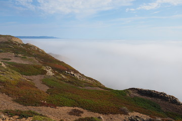 The rugged shore and cliffs of Point Reyes National Seshore in northern California amidst fog and clouds.