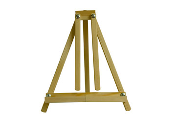 Table wooden easel tripod on white background.Isolated object. Artistic theme.
