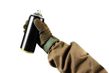 Isolated military hand with paint spray can.