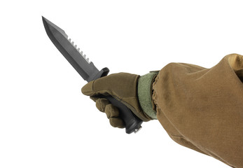 Soldier arm with military & hunting knife.