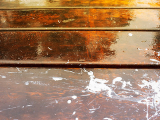 Aged strip wet brown wood texture. Wet old boards as backdrop. Water resistant painting and protect...
