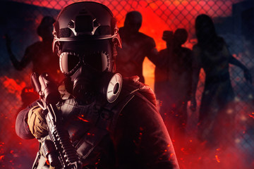 Fototapeta na wymiar Zombie apocalypse warrior soldier in gas mask and rifle.