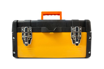 Isolated yellow metal toolbox on white background.