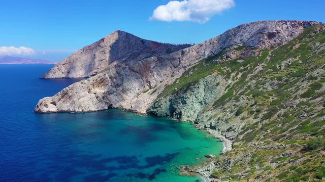 Aerial drone video of amazing spring landscape of picturesque island of Folegandros, Cyclades, Greece