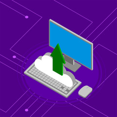 Computer uploading to a 3d cloud computing icon - Vector