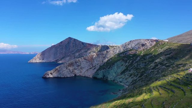 Aerial drone video of amazing spring landscape of picturesque island of Folegandros, Cyclades, Greece