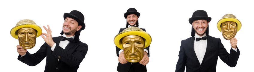 Man with theater mask isolated on white