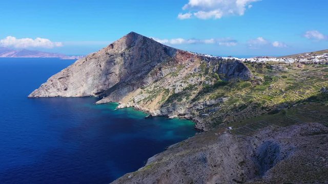 Aerial drone video of amazing spring landscape of picturesque island of Folegandros, Cyclades, Greece