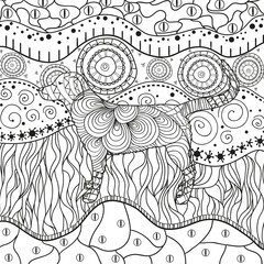 Square ornate pattern with dog. Hand drawn waved ornaments on white. Abstract patterns on isolated background. Design for spiritual relaxation for adults. Line art. Black and white illustration