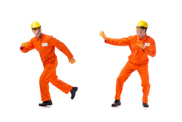 Contractor employee wearing coveralls isolated on white