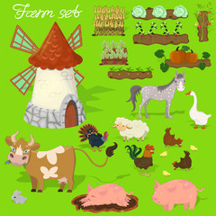 Farm animals - cow, pig, sheep, horse, rooster, chicken, turkey, chicken, goose, rabbit. Agraculture and mill. Cute cartoon in cartoon style vector illustration.