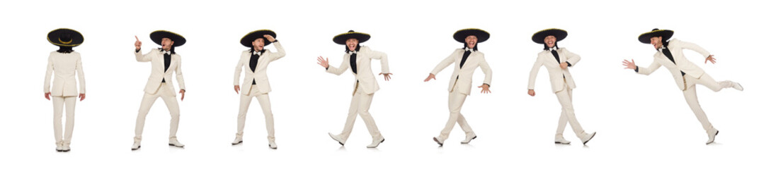 Funny mexican in suit and sombrero isolated on white