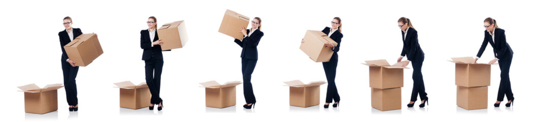 Woman businesswoman with boxes on white