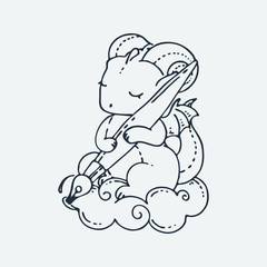 Cute cartoon dragon with pen. Vector clip art illustration for children design, cards, prints, coloring books
