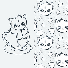 Set of cute cartoon animal and seamless pattern. Vector clip art illustration for children design, cards, prints, coloring books